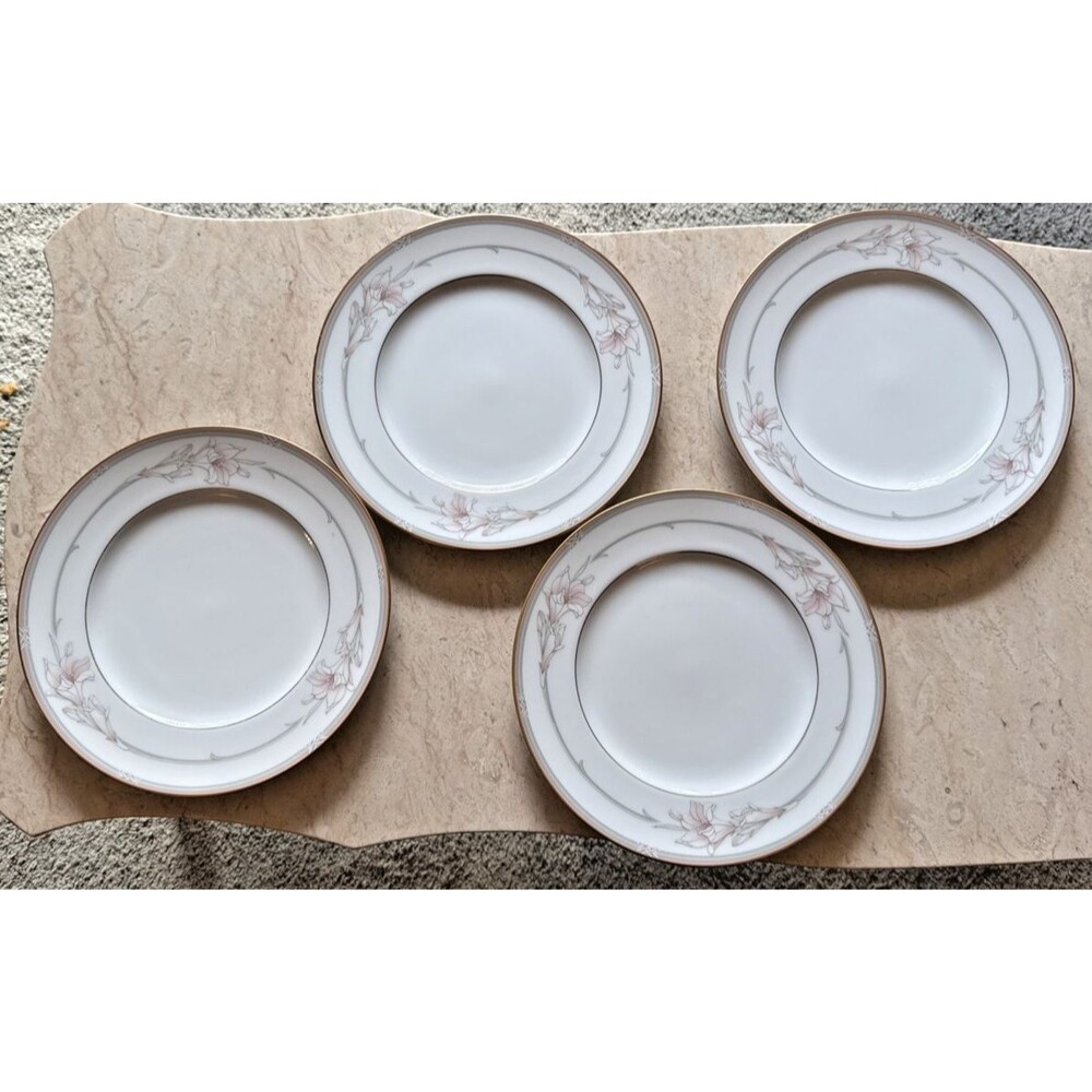 Noritake Jenna 3760 Dinner Plates Set of 4 Pink/Green Bands Pastel Flowers VTG